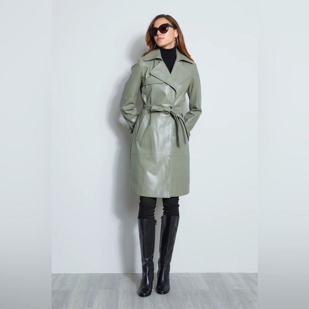 Elie Tahari Sage Green Vegan Leather Belted Trench Coat Large - Picture 3 of 10